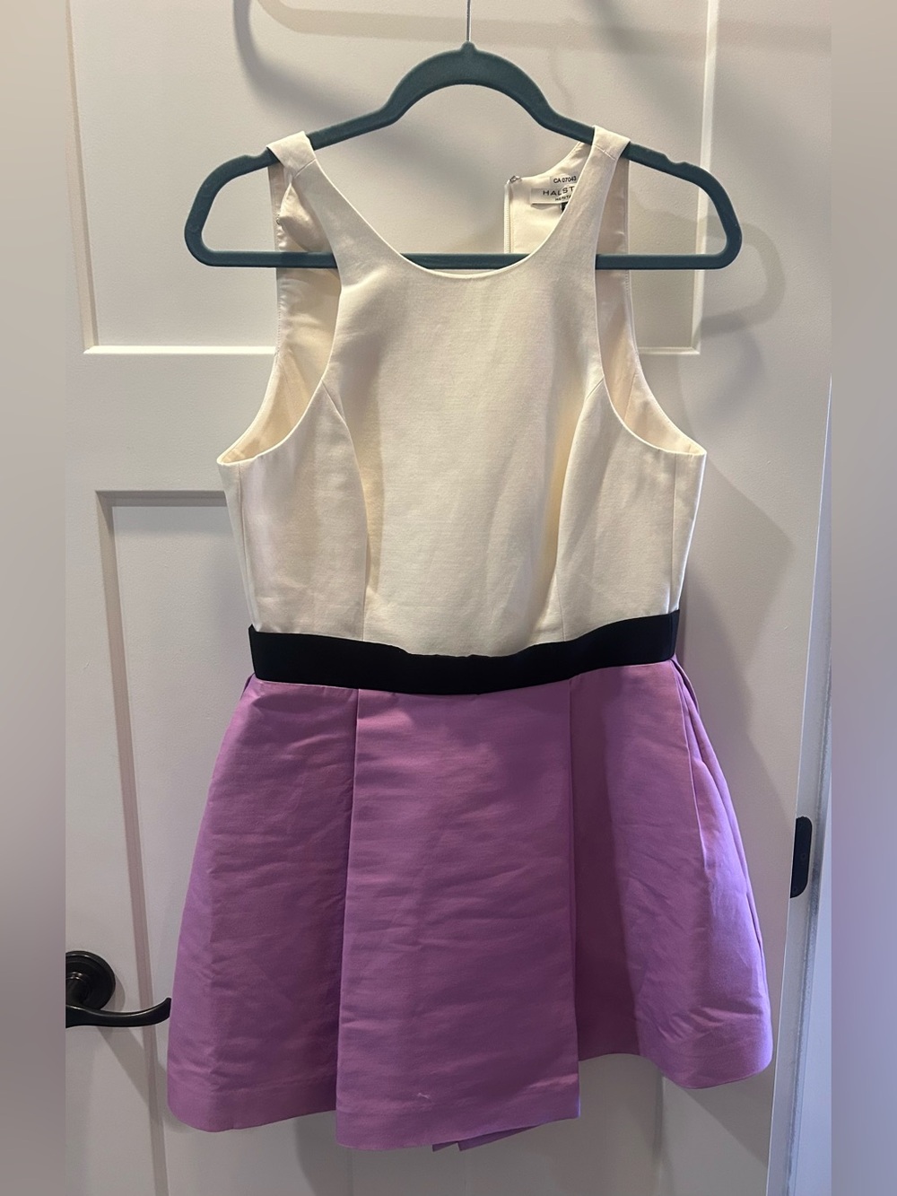 Halston Cotton Cream and Lavender Two-Tone Party Dress with Black Waistband